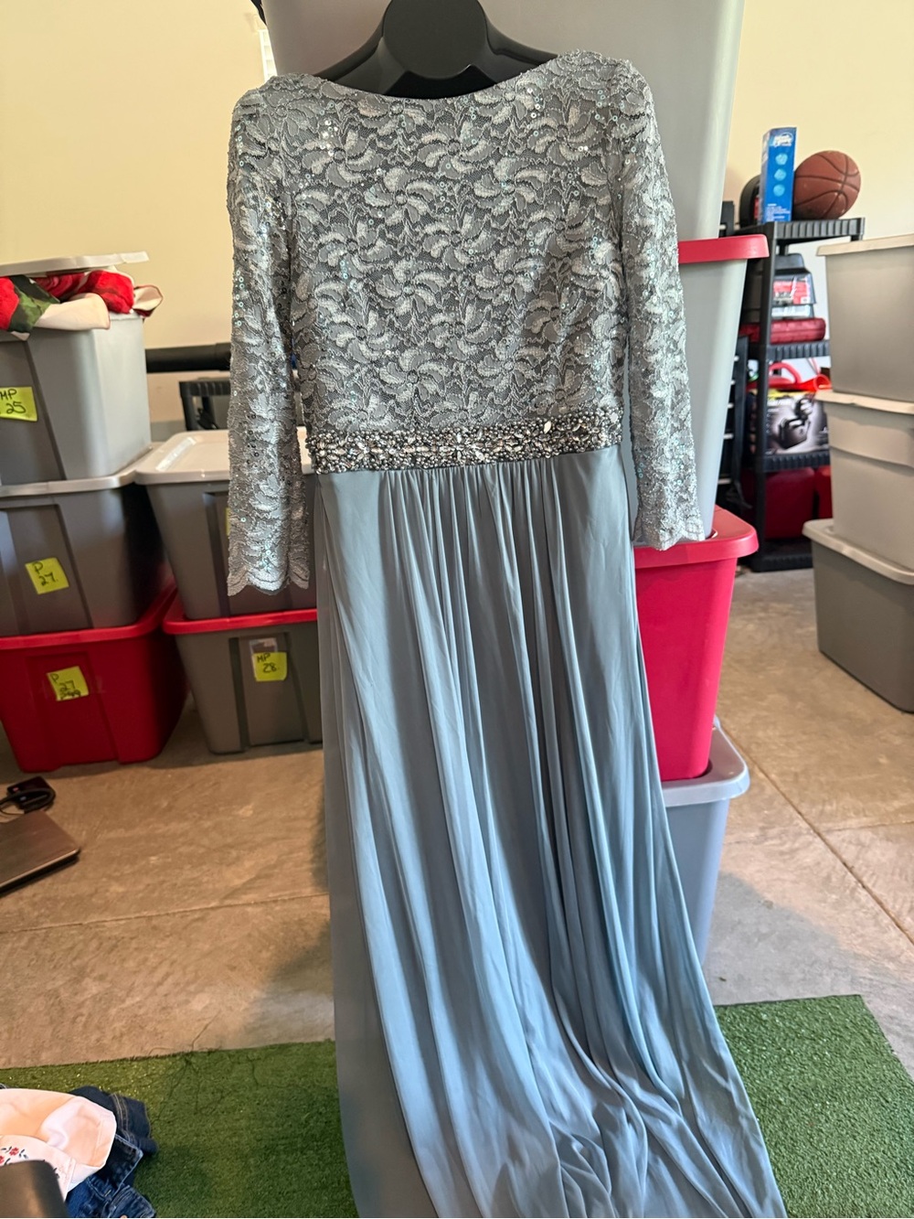 Girls Lace & Chiffon Long Sleeve Formal Dress in Light Blue mp33